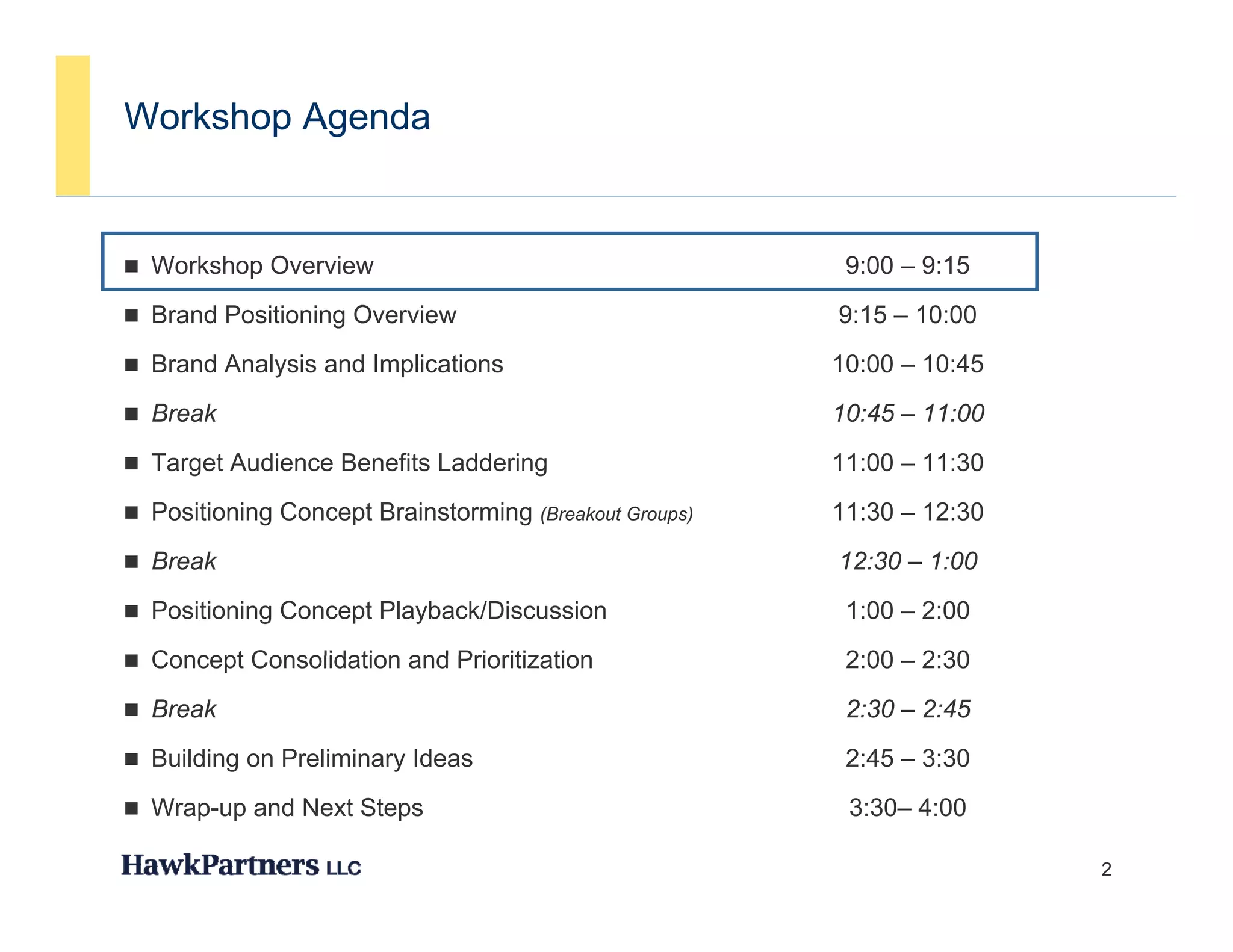 Workshop Agenda


 Workshop Overview                                      9:00 – 9:15
 Brand Positioning Overview                            9:15 – 10:00
 Brand Analysis and Implications                       10:00 – 10:45
 Break                                                 10:45 – 11:00
 Target Audience Benefits Laddering                    11:00 – 11:30
 Positioning Concept Brainstorming (Breakout Groups)   11:30 – 12:30
 Break                                                 12:30 – 1:00
 Positioning Concept Playback/Discussion                1:00 – 2:00
 Concept Consolidation and Prioritization               2:00 – 2:30
 Break                                                  2:30 – 2:45
 Building on Preliminary Ideas                          2:45 – 3:30
 Wrap-up and Next Steps                                 3:30– 4:00

                                                                        2
 