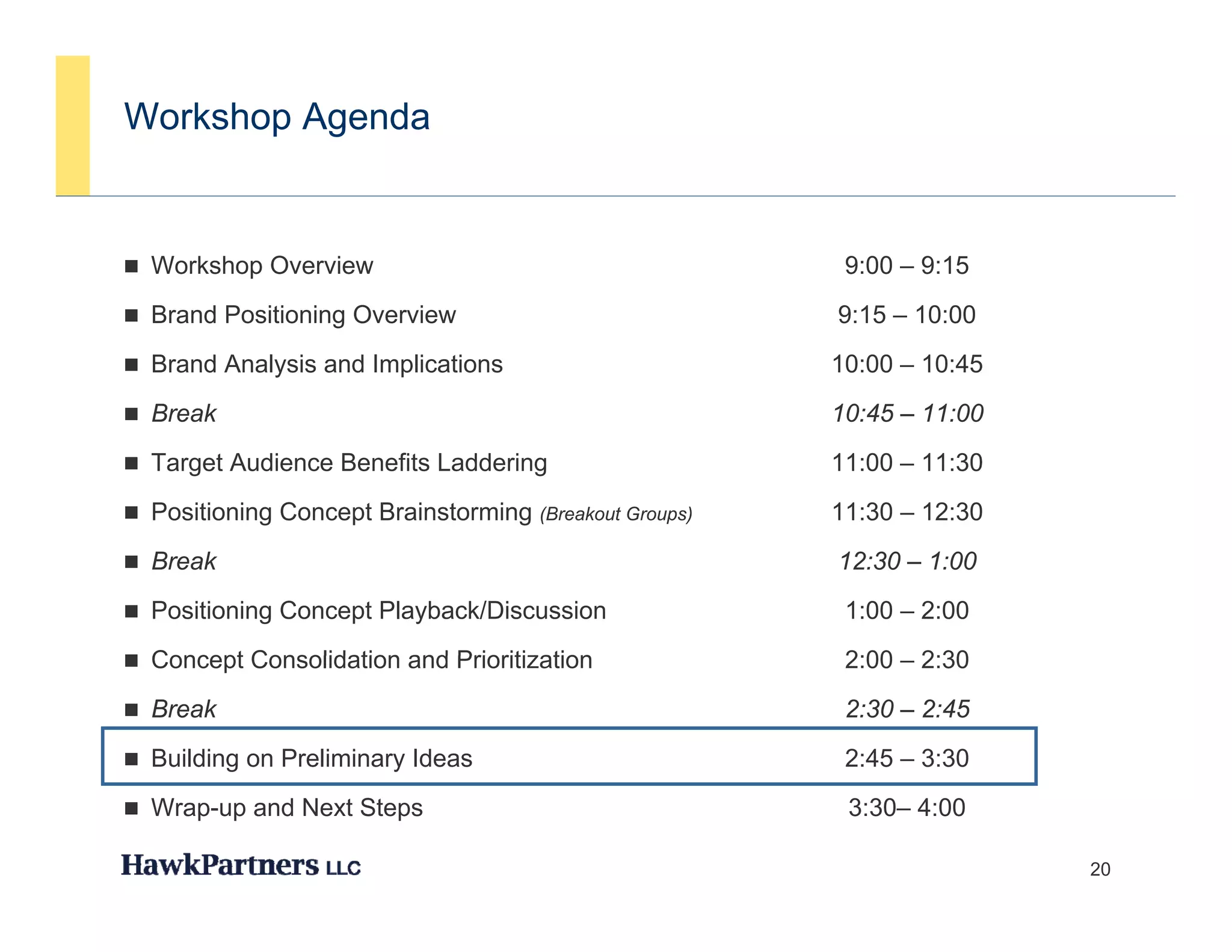 Workshop Agenda


 Workshop Overview                                      9:00 – 9:15
 Brand Positioning Overview                            9:15 – 10:00
 Brand Analysis and Implications                       10:00 – 10:45
 Break                                                 10:45 – 11:00
 Target Audience Benefits Laddering                    11:00 – 11:30
 Positioning Concept Brainstorming (Breakout Groups)   11:30 – 12:30
 Break                                                 12:30 – 1:00
 Positioning Concept Playback/Discussion                1:00 – 2:00
 Concept Consolidation and Prioritization               2:00 – 2:30
 Break                                                  2:30 – 2:45
 Building on Preliminary Ideas                          2:45 – 3:30
 Wrap-up and Next Steps                                 3:30– 4:00

                                                                        20
 