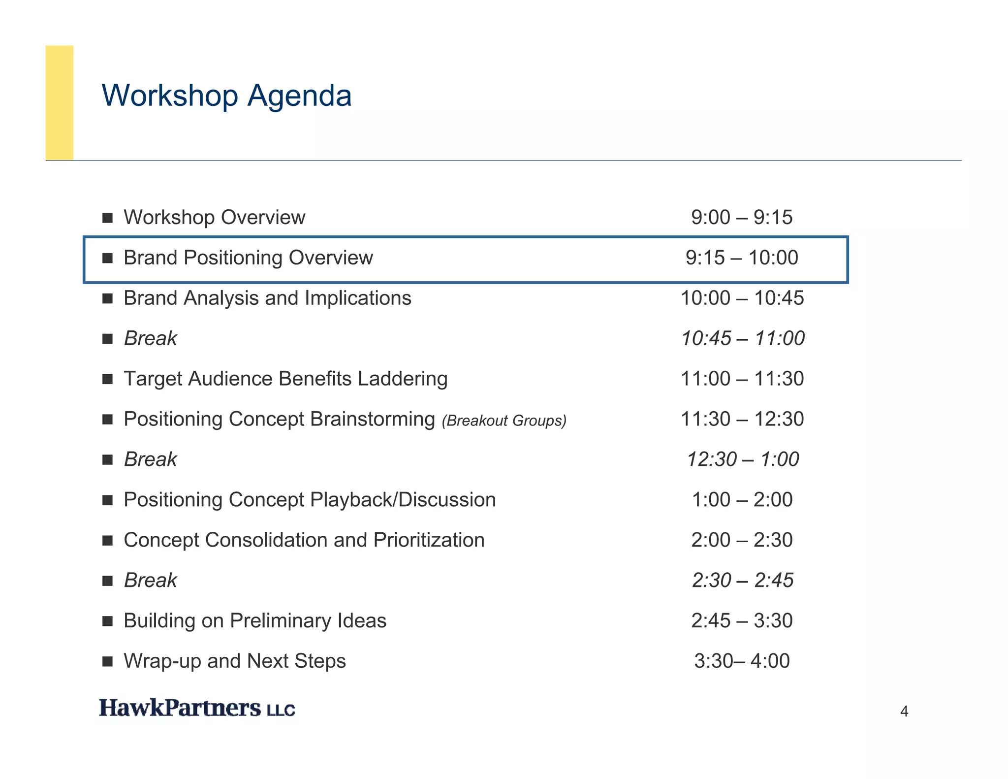 Workshop Agenda


 Workshop Overview                                      9:00 – 9:15
 Brand Positioning Overview                            9:15 – 10:00
 Brand Analysis and Implications                       10:00 – 10:45
 Break                                                 10:45 – 11:00
 Target Audience Benefits Laddering                    11:00 – 11:30
 Positioning Concept Brainstorming (Breakout Groups)   11:30 – 12:30
 Break                                                 12:30 – 1:00
 Positioning Concept Playback/Discussion                1:00 – 2:00
 Concept Consolidation and Prioritization               2:00 – 2:30
 Break                                                  2:30 – 2:45
 Building on Preliminary Ideas                          2:45 – 3:30
 Wrap-up and Next Steps                                 3:30– 4:00

                                                                        4
 