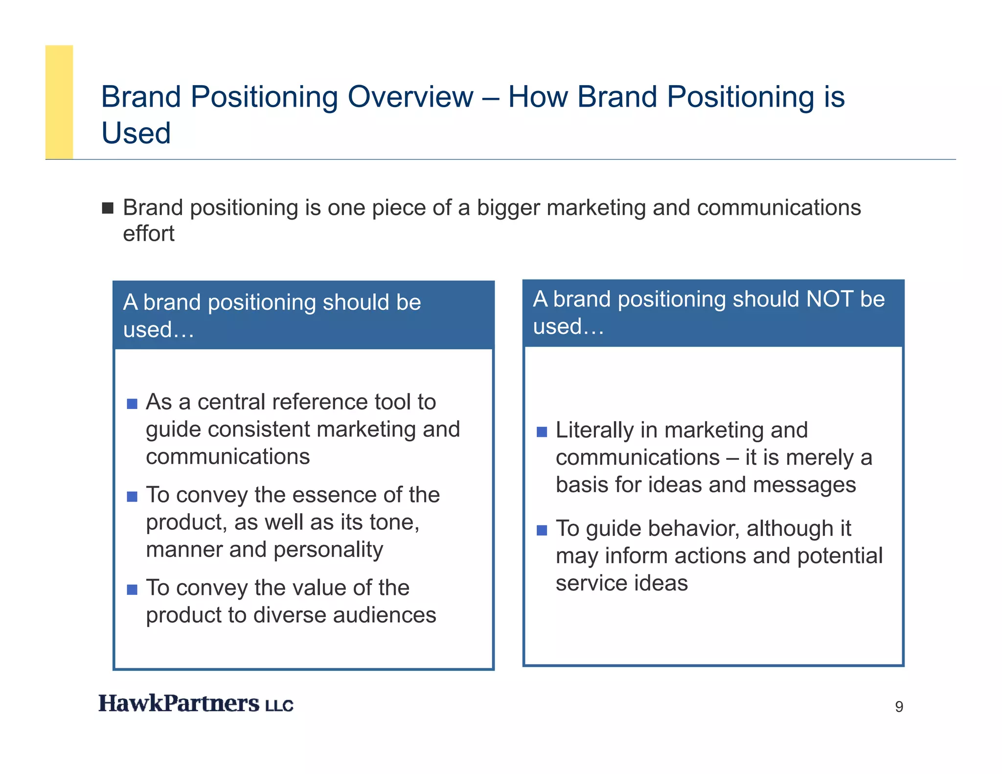 Brand Positioning Overview – How Brand Positioning is
Used

 Brand positioning is one piece of a bigger marketing and communications
  effort


  A brand positioning should be          A brand positioning should NOT be
  used…                                  used…


   As a central reference tool to
    guide consistent marketing and        Literallyin marketing and
    communications                         communications – it is merely a
   To convey the essence of the           basis for ideas and messages
    product, as well as its tone,
    p                                     To guide behavior although it
                                                     behavior,
    manner and personality                 may inform actions and potential
   To convey the value of the             service ideas
    product to diverse audiences


                                                                              9
 