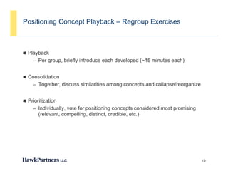 Positioning Concept Playback – Regroup Exercises



 Playback
     y
    – Per group, briefly introduce each developed (~15 minutes each)


 Consolidation
    – Together, discuss similarities among concepts and collapse/reorganize


 P i iti ti
  Prioritization
    – Individually, vote for positioning concepts considered most promising
       (relevant, compelling, distinct, credible, etc.)




                                                                              19
 