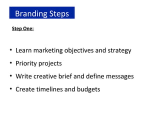 Branding Steps Step One: Learn marketing objectives and strategy Priority projects Write creative brief and define messages Create timelines and budgets 