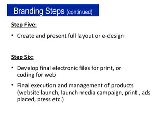 Branding Steps  (continued) Step Five: Create and present full layout or e-design Step Six: Develop final electronic files for print, or  coding for web Final execution and management of products (website launch, launch media campaign, print , ads placed, press etc.) 