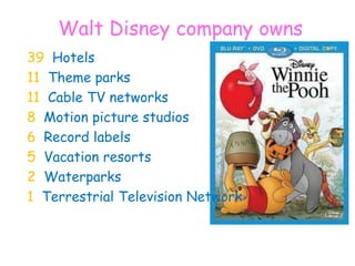 Walt Disney company owns
39 Hotels
11 Theme parks
11 Cable TV networks
8 Motion picture studios
6 Record labels
5 Vacation resorts
2 Waterparks
1 Terrestrial Television Network
 