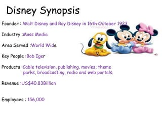 Disney Synopsis
Founder : Walt Disney and Roy Disney in 16th October 1923

Industry :Mass Media

Area Served :World Wide

Key People :Bob Iger

Products :Cable television, publishing, movies, theme
          parks, broadcasting, radio and web portals.

Revenue :US$40.83Billion


Employees : 156,000
 