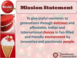Mission Statement

    To give joyful moments to
generations through delicious and
      affordable, Indian and
International choices in fun-filled
   and friendly environment by
innovative and passionate people
 