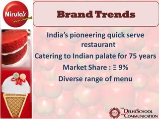 Brand Trends

   India’s pioneering quick serve
               restaurant
Catering to Indian palate for 75 years
        Market Share : Ξ 9%
       Diverse range of menu
 