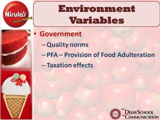 Environment
       Variables
• Government
 – Quality norms
 – PFA – Provision of Food Adulteration
 – Taxation effects
 