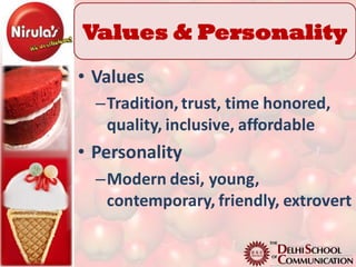 Values & Personality
• Values
  –Tradition, trust, time honored,
   quality, inclusive, affordable
• Personality
  –Modern desi, young,
   contemporary, friendly, extrovert
 