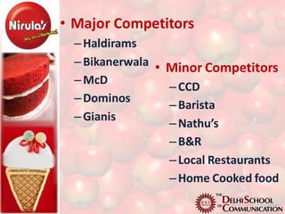 • Major Competitors
  – Haldirams
  – Bikanerwala • Minor Competitors
  – McD
                  – CCD
  – Dominos
                  – Barista
  – Gianis
                  – Nathu’s
                  – B&R
                  – Local Restaurants
                  – Home Cooked food
 