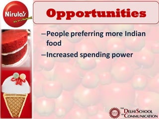 Opportunities
–People preferring more Indian
 food
–Increased spending power
 