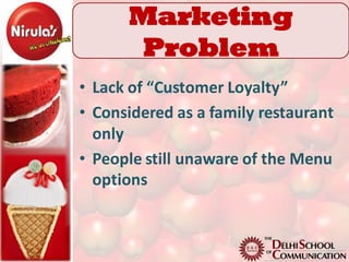 Marketing
 Marketing Problem
     Problem
• Lack of “Customer Loyalty”
• Considered as a family restaurant
  only
• People still unaware of the Menu
  options
 
