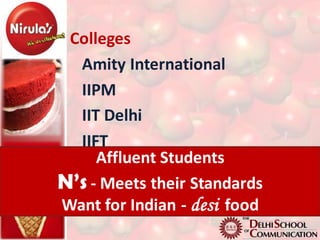 Colleges
  Amity International
  IIPM
  IIT Delhi
  IIFT
     Affluent Students
N’s - Meets their Standards
Want for Indian - desi food
 