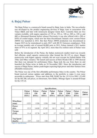 6. Bajaj Pulsar
The Bajaj Pulsar is a motorcycle brand owned by Bajaj Auto in India. The two-wheeler
was developed by the product engineering division of Bajaj Auto in association with
Tokyo R&D, and later with motorcycle designer Glynn Kerr. Currently there are five
variants available, with engine capacities of 135 cc, 150 cc, 180 cc, 200 cc, 220 cc and
400 cc (Renamed Dominar before release) Previously it was also offered with a 200 cc
DTSi oil cooled engine, which now has been discontinued. Instead a new version Pulsar
200NS was launched in 2012. But then Pulsar 200NS production was discontinued in
August 2015 (to be reintroduced in early 2017 with BS IV Emission compliance). With
an average monthly sale of around 86,000 units in 2011, Pulsar claimed a 2011 market
share of 47% in its segment. By April 2012, more than five million units of Pulsar were
sold
Before the introduction of the Pulsar, the Indian motorcycle market trend was towards
fuel efficient, small capacity motorcycles (that formed the 80–125 cc class). Bigger
motorcycles with higher capacity virtually did not exist (except for Enfield Bullet with
350cc and 500cc variants). The launch and success of Hero Honda CBZ in 1999 showed
that there was demand for performance bikes. Bajaj took the cue from there on and
launched the Pulsar twins in India on 24 November 2001. Since the introduction and
success of Bajaj Pulsar, Indian youth began expecting high power and other features from
affordable motorcycles.
The Pulsar was one of the first affordable performance bikes in the country. The Pulsar
brand received various updates and additions to the portfolio to make it even more
accessible to enthusiasts. . Prices start from INR 58,002 for the 135 LS to INR 1,32,499
for the RS 200, (all prices, ex-showroom, New Delhi). Mileage figure is around 60 kmpl
for the 135 LS.
Specifications
Pulsar
135LS
DTS-i
Pulsar
150
DTS-i
Pulsar
180
DTS-i
Pulsar
200
DTS-i
Pulsar
220
DTS-Fi
Pulsar
220F
DTS-i
Pulsar
220S
DTS-i
Pulsar
200NS
Wheelbase
(mm) 1325 1320 1350 1345 1350 1350 1350 1363
Power
(PS) 13.5 14.09 17.02 18.5 20.8 21 21.04 23.5
Torque
(NM) 11.4 12.76 14.22 17 19.12 19.15 19.12 18.3
Top Speed
(km/h) 115 115 120 122 138 148 142 136
Figure 4: Specifications
 