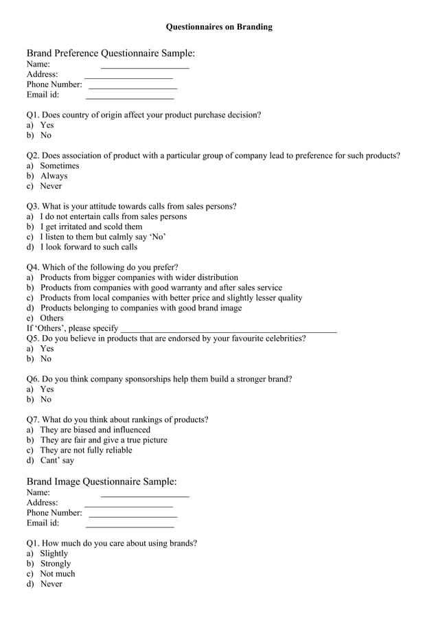 Brand questionnaire
