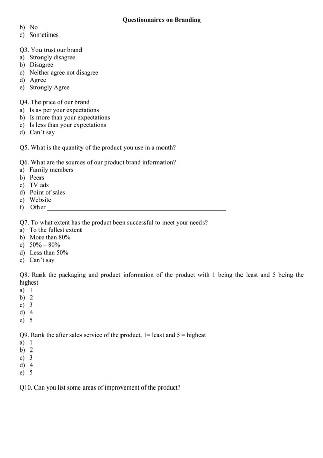 Brand questionnaire