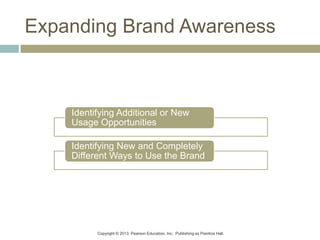 Copyright © 2013 Pearson Education, Inc. Publishing as Prentice Hall.
Expanding Brand Awareness
Identifying Additional or New
Usage Opportunities
Identifying New and Completely
Different Ways to Use the Brand
 
