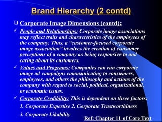 Brand Hierarchy (2 contd)
   Corporate Image Dimensions (contd):
   People and Relationships: Corporate image associations
    may reflect traits and characteristics of the employees of
    the company. Thus, a “customer-focused corporate
    image association” involves the creation of consumer
    perceptions of a company as being responsive to and
    caring about its customers.
   Values and Programs: Companies can run corporate
    image ad campaigns communicating to consumers,
    employees, and others the philosophy and actions of the
    company with regard to social, political, organizational,
    or economic issues.
   Corporate Credibility: This is dependent on three factors:
    1. Corporate Expertise 2. Corporate Trustworthiness
    3. Corporate Likability
                                 Ref: Chapter 11 of Core Text
 