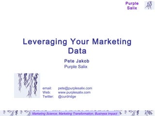 Purple
                                                                  Salix




Leveraging Your Marketing
          Data
                        Pete Jakob
                        Purple Salix



         email:     pete@purplesalix.com
         Web:       www.purplesalix.com
         Twitter:   @curdridge



  Marketing Science, Marketing Transformation, Business Impact
 