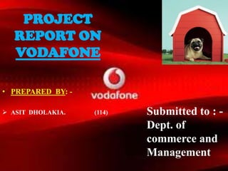 • PREPARED BY: -
 ASIT DHOLAKIA. (114)
PROJECT
REPORT ON
VODAFONE
Submitted to : -
Dept. of
commerce and
Management
 