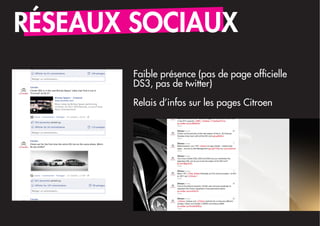 RÉSEAUX SOCIAUX
        Faible présence (pas de page officielle
        DS3, pas de twitter)

        Relais d’infos sur les pages Citroen
 