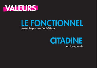 VALEURS
   LE FONCTIONNEL
   prend le pas sur l’esthétisme



                           CITADINEen tous points
 