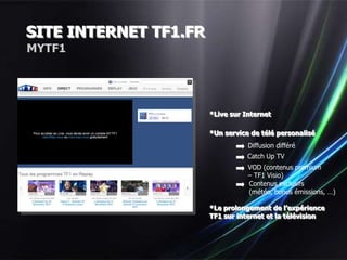 SITE INTERNET TF1.FR
MYTF1




                       *Live sur Internet

                       *Un service de télé personalisé
                                  Diffusion différé
                                  Catch Up TV
                                  VOD (contenus premium
                                  – TF1 Visio)
                                  Contenus exclusifs
                                  (météo, bonus émissions, …)

                       *Le prolongement de l’expérience
                       TF1 sur internet et la télévision
 