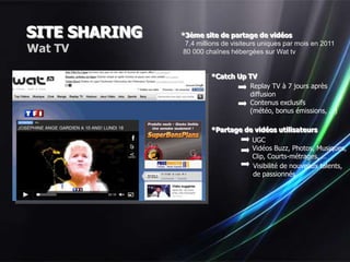 SITE SHARING   *3ème site de partage de vidéos

Wat TV
                7,4 millions de visiteurs uniques par mois en 2011
               80 000 chaînes hébergées sur Wat tv


                         *Catch Up TV
                                   Replay TV à 7 jours après
                                   diffusion
                                   Contenus exclusifs
                                   (météo, bonus émissions, …)

                         *Partage de vidéos utilisateurs
                                    UGC
                                    Vidéos Buzz, Photos, Musiques,
                                    Clip, Courts-métrages, …
                                    Visibilité de nouveaux talents,
                                    de passionnés
 