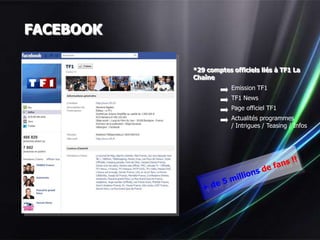 FACEBOOK

           *29 comptes officiels liés à TF1 La
           Chaîne
                       Emission TF1
                       TF1 News
                       Page officiel TF1
                       Actualités programmes
                       / Intrigues / Teasing / Infos
 