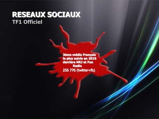 RESEAUX SOCIAUX
TF1 Officiel




               3ème média Français
               le plus suivis en 2010
               derrière NRJ et Fun
                      Radio
               256 776 (twitter+fb)
 