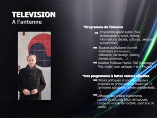 TELEVISION
A l’antenne
              *Programme de l’antenne
                          Programme grand public (flux
                          divertissement, sport, fictions,
                          informations, débats, cultures, créations
                          européennes)
                         Espaces publicitaires (tunnel
                         Publicitaire annonceurs,
                         Billboards, parrainage, teasing,
                         Bandes annonces, …)
                         Relation Publique France Télé (campagne
                         Pub «créer pour partager » et « Pluzz.fr »)


              *Des programmes à fortes valeurs ajoutées
                       Débats politiques et sociales réguliers
                       proposés en prime-time ou durant les JT
                       (primaires socialistes, année présidentielle,
                       …)
                         Diffusion des grands évènements
                         sportifs et culturels (jeux olympiques,
                         Coupe du monde de football, spectacle de
                         Danse, …)
 