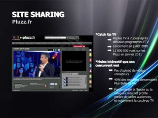 SITE SHARING
Pluzz.fr

               *Catch Up TV
                         Replay TV à 7 jours après
                         diffusion programmes FTV
                         Lancement en juillet 2010
                         11 600 000 vues sur les
                         Pluzz en janvier 2011

               *Moins intéractif que son
               concurrent wat
                           Pas d’upload de vidéos
                           utilisateurs
                           40% des requêtes concernaient
                           Plus Belle La Vie

                           Fort potentiel à l’heure ou la
                           vidéo sur internet profite
                           encore de belles audiences,
                           et notamment la catch-up TV
 