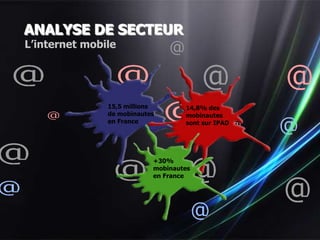 ANALYSE DE SECTEUR
L’internet mobile




               15,5 millions       14,8% des
               de mobinautes       mobinautes
               en France           sont sur IPAD




                           +30%
                           mobinautes
                           en France
 