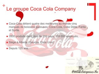 Le groupe Coca Cola CompanyCoca-Cola détient quatre des meilleures au monde cinq marques de boissons gazeuses: Coca-Cola, Coke Diète, Fanta et Sprite.3500 produits dans plus de 200 pays, 139 000 employés,Siège à Atlanta (Géorgie, Etats Unis)Depuis 125 ans.