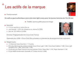 Internationalisation de la marqueMarque globale? Coca-Cola, une marque internationale>> forcePour le produit: Disponible dans plus de 130 pays commeUSA (2005)Australie, Grande Bretagne, Allemagne, Belgique (2006) 89 % des Belges font confiance à Coke ZeroFrance (2007)Venezuela (2009) lancé puis retiréLa plus grande réussite de lancement produit Coca. 2009: 600 millions de caisses de bouteilles= Le business total annuel Coca pour l’Allemagne (6ème meilleur marché)