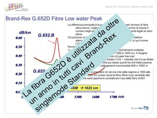 Brand-Rex G.652D Fibre Low water Peak
                            La differenza principale è la purezza del vetro. Il nostri fornitori di fibra
                                    ottica hanno migliorato il processo produttivo al fine di ridurre il
                                    numero degli ioni OH (da acqua H2O) chimicamente legati al vetro
     dB/km                          silicio.
               G.652.B      Ciò provoca un picco di assorbimento più basso con una relativa
                                    attenuazione controllata nella regione a 1380nm, di qui il nome
                                    LOW WATER PEAK.
                            Perché questa fibra è utile?
                            1)      per i sistemi (CWDM) che usano il funzionamento multiplex
                                    (divisione di lunghezza d'onda) fra 1260 e 1625 nm, il margine
                                    supplementare permette l’utilizzo di Laser low cost
                            2)      per il funzionamento nella finestra 1310 – noterete che il Low Water
                                    Peak è più stretto ed anche più basso quindi fornirà l'attenuazione
                                    più bassa per i futuri collegamenti monomodali 40G o 100G in
                                    DWDM
             G.652.D        3)      Vale la pena di precisare sin da ora che dalla regione a 1550 alla
                                    regione a 1625 nm ovvero dove la fibra ottica è più sensibile alla
                                    curvatura sarà opportuno considerare l’uso delle fibre G.657.


              1260/1310 nm  CWDM  1625 nm

                                                                         nm
 