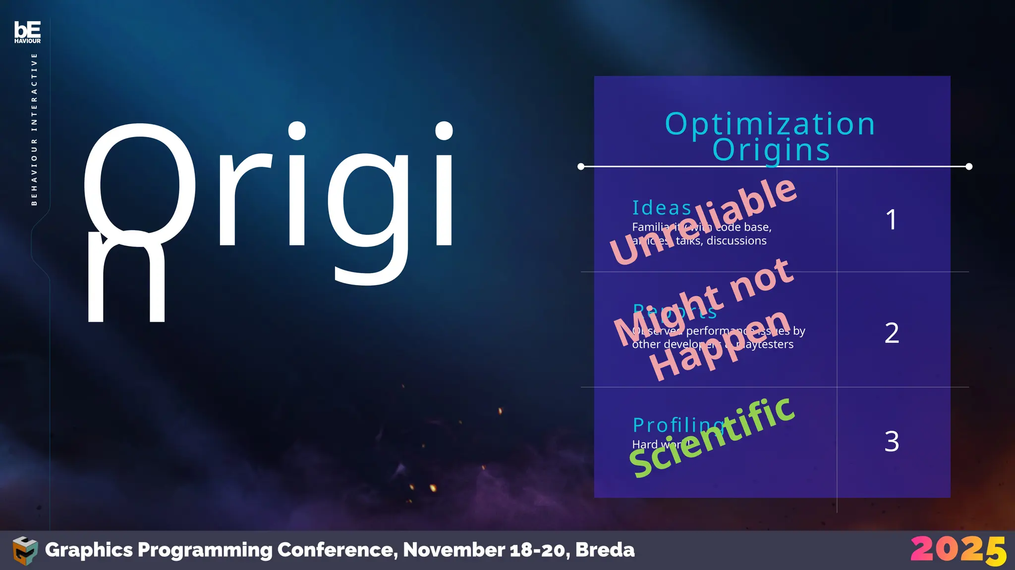 Familiarity with code base,
articles, talks, discussions
Ideas
Observed performance issues by
other developers & playtesters
Reports
Hard work!
Profiling
Optimization
Origins
1
2
3
Origi
n Unreliable
Might not
Happen
Scientific
9
B
E
H
A
V
I
O
U
R
I
N
T
E
R
A
C
T
I
V
E
 