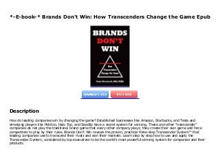 *-E-book-* Brands Don't Win: How Transcenders Change the Game Epub
How do leading companies win by changing the game? Established businesses like Amazon, Starbucks, and Tesla and emerging players like Peloton, Halo Top, and Seedlip have a secret system for winning. These and other “transcender” companies do not play the traditional brand game that every other company plays; they create their own game and force competitors to play by their rules. Brands Don’t Win reveals the proven, practical three-step Transcender System™ that leading companies use to transcend their rivals and own their markets. Learn step by step how to use and apply the Transcender System, considered by top executives to be the world’s most powerful winning system for companies and their products.
Description
How do leading companies win by changing the game? Established businesses like Amazon, Starbucks, and Tesla and
emerging players like Peloton, Halo Top, and Seedlip have a secret system for winning. These and other “transcender”
companies do not play the traditional brand game that every other company plays; they create their own game and force
competitors to play by their rules. Brands Don’t Win reveals the proven, practical three-step Transcender System™ that
leading companies use to transcend their rivals and own their markets. Learn step by step how to use and apply the
Transcender System, considered by top executives to be the world’s most powerful winning system for companies and their
products.
 
