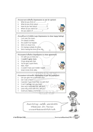 ภาษาอังกฤษ (122)________________________________________โครงการแบรนด์ซัมเมอร์แคมป์ ปีที่27
สํานวนถามความคิดเห็น (Expressions to ask for opinion)
1. What do you think of ....................?
2. What do you think about ....................?
3. How do you feel (about ....................)?
4. Where do you stand (on ....................)?
5. Are you aware of ....................?
สํานวนที่บอกว่ากําลังมีความสุข (Expressions to show happy feeling)
1. I am over the moon.
2. I’m (dead) chuffed.
3. He couldn’t be happier.
4. She’s on cloud nine.
5. I’m having a whale of a time.
6. She’s having the time of her life.
สํานวนแสดงว่าเห็นด้วย (Expressions to show agreement)
1. I’m with you on that one.
2. I couldn’t agree more.
3. I’d go along with that.
4. You’ve got a point there.
5. Hear, hear!
6. I couldn’t have put it better myself.
7. Great minds think alike.
สํานวนเสนอการช่วยเหลือ (Expressions to ask for assistance)
1. Can you give me a hand with this?
2. Can I ask a favor?
3. I wonder if you could help me with this?
4. I can’t manage. Can you help?
5. Give me a hand with this, will you?
6. Lend me a hand with this, will you?
7. Could you spare a moment?
เป็นอย่างไรบ้างลูก เยอะใช่มั้ย แต่อย่าเพิ่งกลัวไป
ทําข้อสอบเยอะๆ เด็กๆ ก็จะเก่งเอง
เรามาลองทําข้อสอบของจริงกันดีกว่านะจ๊ะ
 