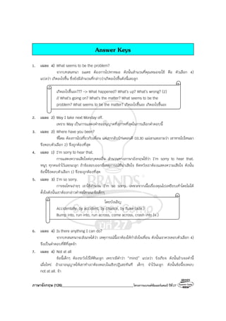 ภาษาอังกฤษ (126)________________________________________โครงการแบรนด์ซัมเมอร์แคมป์ ปีที่27
Answer Keys
1. เฉลย 4) What seems to be the problem?
จากบทสนทนา ณเดช ต้องการไปหาหมอ ดังนั้นสํานวนที่คุณหมอจะใช้ คือ ตัวเลือก 4)
แปลว่า เกิดอะไรขึ้น ซึ่งยังมีสํานวนที่กล่าวว่าเกิดอะไรขึ้นดังนี้เลยลูก
เกิดอะไรขึ้นอะ??? -> What happened? What’s up? What’s wrong? (2)
// What’s going on? What’s the matter? What seems to be the
problem? What seems to be the matter? เกิดอะไรขึ้นอะ เกิดอะไรขึ้นอะ
2. เฉลย 2) May I take next Monday off.
เพราะ May เป็นการแสดงคําขออนุญาตที่สุภาพที่สุดในการเลือกคําตอบนี้
3. เฉลย 2) Where have you been?
พี่โดม ต้องการไปเที่ยวกับเพื่อน แต่เขากลับบ้านตอนตี 03.30 แม่เขาเลยถามว่า เขาหายไปไหนมา
จึงตอบตัวเลือก 2) จึงถูกต้องที่สุด
4. เฉลย 1) I’m sorry to hear that.
การแสดงความเสียใจต่อบุคคลอื่น สํานวนทางภาษาอังกฤษใช้ว่า I’m sorry to hear that.
หนูๆ ทุกคนจําไว้เลยนะลูก ถ้าข้อสอบออกมีเหตุการณ์ที่น่าเสียใจ ผิดหวังเราต้องแสดงความเสียใจ ดังนั้น
ข้อนี้จึงตอบตัวเลือก 1) จึงจะถูกต้องที่สุด
5. เฉลย 3) I’m so sorry.
การขอโทษง่ายๆ เราใช้สํานวน I’m so sorry. เพราะจากเนื้อเรื่องคุณไปเหยียบเท้าโดยไม่ได้
ตั้งใจดังนั้นเราต้องกล่าวคําขอโทษนะจ๊ะเด็กๆ
โดยบังเอิญ
Accidentally, by accident, by chance, by fluke (adv.)
Bump into, run into, run across, come across, crash into (v.)
6. เฉลย 4) Is there anything I can do?
จากบทสนทนาจะสังเกตได้ว่า เหตุการณ์นี้เราต้องให้กําลังใจเพื่อน ดังนั้นเราควรตอบตัวเลือก 4)
จึงเป็นคําตอบที่ดีที่สุดจ้า
7. เฉลย 4) Not at all
ข้อนี้เด็กๆ ต้องระวังไว้ให้ดีนะลูก เพราะมีคําว่า “mind” แปลว่า รังเกียจ ดังนั้นถ้าเจอคํานี้
เมื่อไหร่ ถ้าเราอนุญาตให้เขาทําเราต้องตอบในเชิงปฏิเสธทันที เด็กๆ จําไว้นะลูก ดังนั้นข้อนี้จงตอบ
not at all. จ้า
 