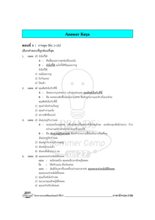 โครงการแบรนด์ซัมเมอร์แคมป์ ปีที่27 _______________________________________ภาษาอังกฤษ (139)
Answer Keys
ตอนที่ 1 : การพูด (ข้อ 1-15)
เลือกคําตอบที่ถูกต้องที่สุด
1. เฉลย 2) ยังไงก็ได้
A : คืนนี้คุณอยากดูหนังเรื่องอะไร
B : ยังไงก็ได้ อะไรก็ได้ที่คุณอยากดู
ยังไงก็ได้
1) ผมไม่อยากดู
3) ไปกันเถอะ
4) ใช่แล้ว
2. เฉลย 4) คุณคิดยังไงกับที่นี่
A : ฉันชอบกรุงเทพมาก แล้วคุณล่ะแซม คุณคิดยังไงกับที่นี่
B : อืม ผมชอบเดินซื้อของในกรุงเทพ สินค้าถูกมากและห้างก็เยอะด้วย
คุณคิดยังไงกับที่นี่
1) คุณกําลังทําอะไรอยู่
2) คุณทํางานอะไร
3) สบายดีหรือเปล่า
3. เฉลย 1) ฉันยุ่งอยู่กับงานน่ะ
A : เธอยุ่งอะไรอยู่เหรอ เห็นนั่งตรงนั้นหลายชั่วโมงแล้วนะ เธอต้องลุกเดินไปรอบๆ บ้าง
อย่าเอาแต่จับเจ่าอยู่หน้าคอมพิวเตอร์สิ
B : อืม ฉันยุ่งอยู่กับงานน่ะ ต้องทํารายงานนี้ให้เสร็จภายในเที่ยง
ฉันยุ่งอยู่กับงานน่ะ
2) ฉันสนุกกับการทํางานอยู่
3) ฉันจะนั่งลงแล้ว
4) ฉันจะเดินไปรอบๆ นะ
4. เฉลย 3) คุณพอจะช่วยฉันได้ไหมคะ
แอน : ขอโทษค่ะโจ คุณพอมีเวลาสักครู่ไหมคะ
โจ : ได้ครับแอน มีอะไรเหรอ
แอน : ฉันมีปัญหาเรื่องเครื่องถ่ายเอกสารค่ะ คุณพอจะช่วยฉันได้ไหมคะ
คุณพอจะช่วยฉันได้ไหมคะ
1) คุณเป็นยังไงบ้างคะ
2) ขอเวลาคุณสักครู่ได้ไหมคะ
4) คุณจะรังเกียจไหมคะ
 