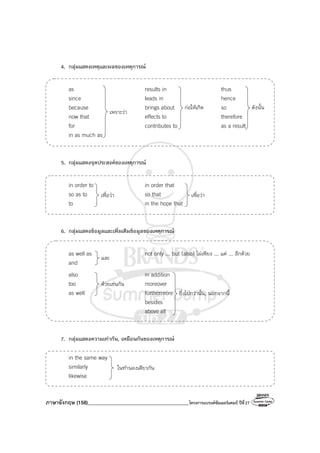 ภาษาอังกฤษ (158)________________________________________โครงการแบรนด์ซัมเมอร์แคมป์ ปีที่27
4. กลุ่มแสดงเหตุและผลของเหตุการณ์
as results in thus
since leads in hence
because brings about so
now that effects to therefore
for contributes to as a result
in as much as
5. กลุ่มแสดงจุดประสงค์ของเหตุการณ์
in order to in order that
so as to so that
to in the hope that
6. กลุ่มแสดงข้อมูลและเพิ่มเติมข้อมูลของเหตุการณ์
as well as not only ... but (also) ไม่เพียง ... แต่ ... อีกด้วย
and
also in addition
too moreover
as well furthermore
besides
above all
7. กลุ่มแสดงความเท่ากัน, เหมือนกันของเหตุการณ์
in the same way
similarly
likewise
เพราะว่า
ก่อให้เกิด ดังนั้น
เพื่อว่า เพื่อว่า
ด้วยเช่นกัน
และ
ยิ่งไปกว่านั้น, นอกจากนี้
ในทํานองเดียวกัน
 