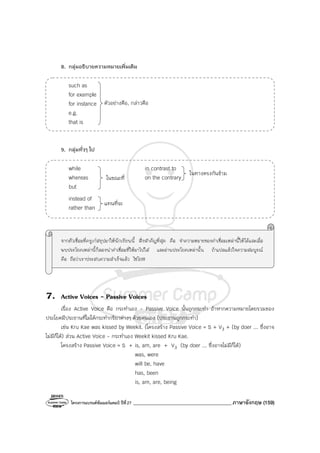 โครงการแบรนด์ซัมเมอร์แคมป์ ปีที่27 _______________________________________ภาษาอังกฤษ (159)
8. กลุ่มอธิบายความหมายเพิ่มเติม
such as
for example
for instance
e.g.
that is
9. กลุ่มทั่วๆ ไป
while in contrast to
whereas on the contrary
but
instead of
rather than
จากตัวเชื่อมที่ครูเก๋สรุปมาให้นักเรียนนี้ สิ่งสําคัญที่สุด คือ จําความหมายของคําเชื่อมเหล่านี้ให้ได้และเมื่อ
พบประโยคเหล่านี้ก็ลองนําคําเชื่อมที่ให้มาไปใส่ และอ่านประโยคเหล่านั้น ถ้าแปลแล้วใจความสมบูรณ์
คือ ถือว่าเราประสบความสําเร็จแล้ว ไชโย!!!
7. Active Voices - Passive Voices
เรื่อง Active Voice คือ กระทําเอง - Passive Voice นั้นถูกกระทํา ถ้าหากความหมายโดยรวมของ
ประโยคมีประธานที่ไม่ได้กระทํากริยาต่างๆ ด้วยตนเอง (ประธานถูกกระทํา)
เช่น Kru Kae was kissed by Weekit. (โครงสร้าง Passive Voice = S + V3 + (by doer ... ซึ่งอาจ
ไม่มีก็ได้) ส่วน Active Voice - กระทําเอง Weekit kissed Kru Kae.
โครงสร้าง Passive Voice = S + is, am, are + V3 (by doer ... ซึ่งอาจไม่มีก็ได้)
was, were
will be, have
has, been
is, am, are, being
ตัวอย่างคือ, กล่าวคือ
ในขณะที่
แทนที่จะ
ในทางตรงกันข้าม
 