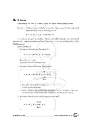 ภาษาอังกฤษ (160)________________________________________โครงการแบรนด์ซัมเมอร์แคมป์ ปีที่27
8. If-Clauses
If you had sat the plant in a cooler location, the leaves would not have burned.
1 2 3 4
วิเคราะห์ : นักเรียนลองสังเกตจากข้อนี้เป็นการทดสอบเรื่อง If-Clause ดูรูปประโยคแล้ว ประโยคสมมติ
นี้ตรงข้ามกับความเป็นจริงในอดีตจึงมีรูปแบบดังนี้
If + S + had + V3, S + would have + V3
ดูจากประโยคแล้วถูกโครงสร้าง แต่ผิดที่ข้อ 1 ที่ใช้ sat แต่ในข้อนี้ต้องเปลี่ยนเป็น set เพราะประโยคนี้
มีความหมายว่า ถ้าเขาจัดต้นไม้ในที่เย็นกว่านี้ใบไม้จะไม่โดนแดดเผา (แต่ความจริงเขาไม่ได้จัดต้นไม้ไว้ในที่เย็น
ใบไม้จึงโดนแดดเผา)
If-Clause มีวิธีใช้ดังนี้
1. ใช้กับเหตุการณ์ที่เป็นจริงเสมอ มีโครงสร้างดังนี้
If + S + V (ปัจจุบัน), S + V (ปัจจุบัน)
If you heat ice, it melts.
(ถ้าคุณให้ความร้อนกับน้ําแข็ง มันจะละลาย)
2. ใช้กับเหตุการณ์ที่จะเกิดขึ้นในอนาคต มีโครงสร้างดังนี้
will
If + S + V (ปัจจุบัน), S + can + V1
may
must
1) If have the money. I will buy a new car.
(ถ้าฉันมีเงินฉันจะซื้อรถคันใหม่)
2) We will have plenty of time to finish the project before dinner if is only ten o’clock now.
(พวกเราจะมีเวลามากที่จะทําโครงงานเสร็จก่อนอาหารเย็น ถ้าตอนนี้เป็นเวลา 10 โมง)
3. ใช้กับเหตุการณ์ที่ตรงข้ามกับความจริงในปัจจุบัน มีโครงสร้างดังนี้
Would
If + S + V2, S + could + V1
Might
 