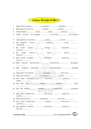 ภาษาอังกฤษ (162)________________________________________โครงการแบรนด์ซัมเมอร์แคมป์ ปีที่27
Prefixes ที่ควรรูนะจะเด็กๆ
1. ante (before) antedate...................., antecedent...................., antebellum....................,
2. anti (against) antiaircraft...................., antibody...................., antitoxin....................,
3. bi (two) bilateral...................., bicycle.................... biped...................., binocular ....................,
4. circum (around) circumnavigate...................., circumspect...................., circumlocution
....................,
5. com (together) combination...................., comfort...................., common....................,
6. con (together) contract...................., confidence...................., confine....................,
confederate....................,
7. de (down) deposit...................., descent...................., despicable....................,
denounce....................,
8. dis (away) distract...................., distort...................., dispute....................,
dissonant....................,
9. equi (equal) equitable...................., equilateral...................., equivocate....................,
equinox....................,
10. extra (beyond) extraterrestrial...................., extraordinary...................., extravagant
....................,
11. inter (between) international...................., interdepartmental...................., interstellar
....................,
12. intra (within) intracellular...................., intravenous...................., intracranial....................,
13. intro (into) introduce...................., introspective...................., introvert....................,
14. mal (bad) malevolent...................., malcontent...................., malicious....................,
malign....................,
15. mis (bad) misfit...................., mistake...................., misfortune...................., misfire
....................,
16. non (not) nonstop...................., nonprofit...................., nonconformity...................., nonplussed
....................,
17. post (after) postgraduate...................., posthumous...................., postscript....................,
posterity....................,
18. semi (half) semitone...................., semiaquatic...................., semicircle....................,
19. sub (under) subterranean...................., subtract...................., subordinate....................,
submarine....................,
20. syn (together) synthetic...................., synchronize...................., syndrome....................,
synonym....................,
 
