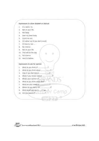 โครงการแบรนด์ซัมเมอร์แคมป์ ปีที่27 _______________________________________ภาษาอังกฤษ (167)
Expressions to show disbelief or distrust
1. In a word, no.
2. Not on your life.
3. Not likely.
4. Over my dead body.
5. Count me out.
6. I’d rather not (if you don’t mind).
7. I’d love to, but ... .
8. No chance.
9. Not on your life.
10. That will be the day.
11. Fat chance.
12. Hard to believe.
Expressions to ask for opinion
1. What do you think of ....................?
2. What do you think about ....................?
3. How d’ you feel (about ....................)?
4. What d’ you reckon (about ....................)?
5. What’s your opinion of ....................?
6. What do you think about that?
7. What are your views on ....................?
8. Where do you stand (on ....................)?
9. What would you say to ... / if we ...?
10. Are you aware of ....................?
 