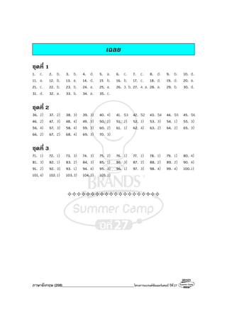ภาษาอังกฤษ (208)________________________________________โครงการแบรนด์ซัมเมอร์แคมป์ ปีที่27
เฉลย
ชุดที่ 1
1. c. 2. b. 3. b. 4. d. 5. a. 6. c. 7. c. 8. d. 9. b. 10. d.
11. a. 12. b. 13. a. 14. d. 15 b. 16. b. 17. c. 18. d. 19. d. 20. a.
21. c. 22. b. 23. b. 24. a. 25. a. 26. 3. b. 27. 4. a. 28. a. 29. b. 30. d.
31. d. 32. a. 33. b. 34. a. 35. c.
ชุดที่ 2
36. 2) 37. 2) 38. 3) 39. 3) 40. 4) 41. S3 42. S2 43. S4 44. S5 45. S6
46. 2) 47. 3) 48. 4) 49. 3) 50. 2) 51. 2) 52. 1) 53. 3) 54. 1) 55. 3)
56. 4) 57. 3) 58. 4) 59. 3) 60. 2) 61. 1) 62. 4) 63. 2) 64. 2) 65. 3)
66. 2) 67. 2) 68. 4) 69. 3) 70. 3)
ชุดที่ 3
71. 1) 72. 1) 73. 3) 74. 3) 75. 2) 76. 1) 77. 1) 78. 1) 79. 1) 80. 4)
81. 3) 82. 1) 83. 2) 84. 3) 85. 1) 86. 3) 87. 2) 88. 2) 89. 2) 90. 4)
91. 2) 92. 3) 93. 1) 94. 4) 95. 3) 96. 1) 97. 3) 98. 4) 99. 4) 100.1)
101. 4) 102.1) 103.3) 104.2) 105.2)
 