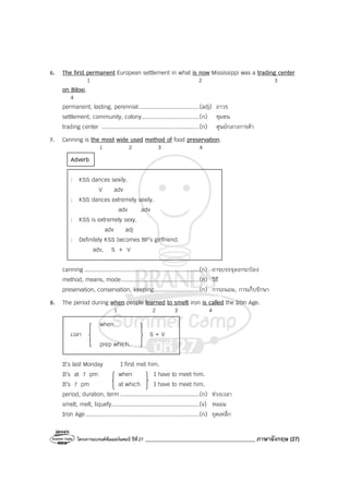 โครงการแบรนด์ซัมเมอร์แคมป์ ปีที่27 ________________________________________ ภาษาอังกฤษ (27)
6. The first permanent European settlement in what is now Mississippi was a trading center
1 2 3
on Biloxi.
4
permanent, lasting, perennial....................................(adj) ถาวร
settlement, community, colony..................................(n) ชุมชน
trading center ..........................................................(n) ศูนย์กลางการค้า
7. Canning is the most wide used method of food preservation.
1 2 3 4
Adverb
: KSS dances sexily.
V adv
: KSS dances extremely sexily.
adv adv
: KSS is extremely sexy.
adv adj
: Definitely KSS becomes BP’s girlfriend.
adv, S + V
canning ....................................................................(n) การบรรจุลงกระป๋อง
method, means, mode..............................................(n) วิธี
preservation, conservation, keeping...........................(n) การถนอม, การเก็บรักษา
8. The period during when people learned to smelt iron is called the Iron Age.
1 2 3 4
when
เวลา S + V
prep which.
It’s last Monday I first met him.
It’s at 7 pm when I have to meet him.
It’s 7 pm at which I have to meet him.
period, duration, term...............................................(n) ช่วงเวลา
smelt, melt, liquefy....................................................(v) หลอม
Iron Age ...................................................................(n) ยุคเหล็ก
 