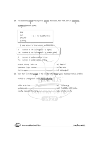 โครงการแบรนด์ซัมเมอร์แคมป์ ปีที่27 ________________________________________ ภาษาอังกฤษ (31)
14. Two waterfalls within the city limits provide Rochester, New York, with an enormous
1 2 3
number of electric power.
4
deal
sum
amount
quantity
A great amount of time is spent on this project.
A number of + N นับได้พหูพจน์ + V พหูพจน์
The number of + N นับได้พหูพจน์ + V เอกพจน์ (s/es)
A number of books are about crime.
The number of books is about fantasy.
provide, supply, contribute........................................(v) จัดหาให้
enormous, huge, massive .........................................(adj)มหาศาล
electric power ...........................................................(n) พลังงานไฟฟ้า
15. More than six million people in the country suffer from Type 2 diabetes mellitus, and the
1 2
number of undiagnosed cases are equally high.
3 4
suffer, ache, hurt......................................................(v) ทุกข์ทรมาน
undiagnosed.............................................................(adj) ซึ่งไม่ได้รับการวินิจฉัยโรค
equally, equivalently, evenly......................................(adv) เท่ากัน, พอๆ กัน
+ of + N นับไม่ได้เอกพจน์
 