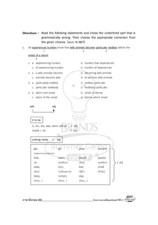 ภาษาอังกฤษ (32)_________________________________________โครงการแบรนด์ซัมเมอร์แคมป์ ปีที่27
Directions : Read the following statements and chose the underlined part that is
grammatically wrong. Then choose the appropriate correction from
the given choices. (แบบ O-NET)
1. All experienced hunters know that wild animals become particular restless before the
1 2 3
onset of a storm.
4
1. a. experiencing hunters b. hunters that experienced
c. of experiencing hunters d. hunters of experienced
2. a. a wild animals became b. becoming wild animals
c. animals become wild d. to become wild animals
3. a. particularly restless b. restless particular
c. particular restlessly d. restlessly particular
4. a. storm and onset b. onset of stormy
c. storm of the onset d. stormy which onset
adv adj
V to be
is, am, are, was, were, will be + adj
modal + be + adj
Linking Verbs + adj
get go grow become
(แสดงการกลายสภาพ)
look, seem, sound, appear
(ดู) (ดูเหมือน) (ฟังดู) (ดูเหมือน) + adj
taste, turn, feel, smell
(มีรส) (เปลี่ยนสภาพ) (รู้สึก) (มีกลิ่น)
keep, remain, stay
(ยังคง...) (ยังคง...) (ยังคง...)
 
